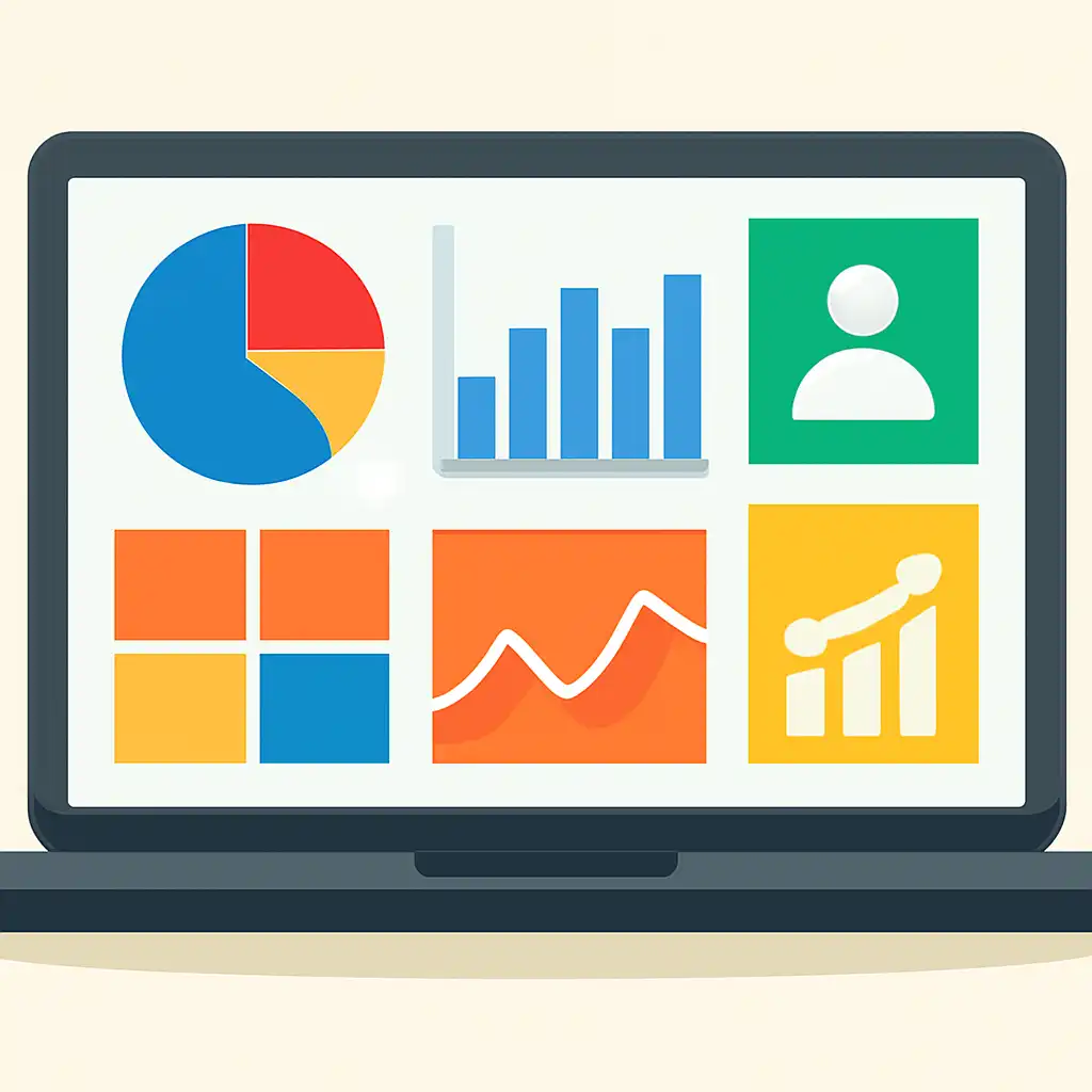 Laptop shown from the front displaying a colourful flat dashboard of abstract charts, bars and icon tiles (no text, no letters, no labels), 91 Club